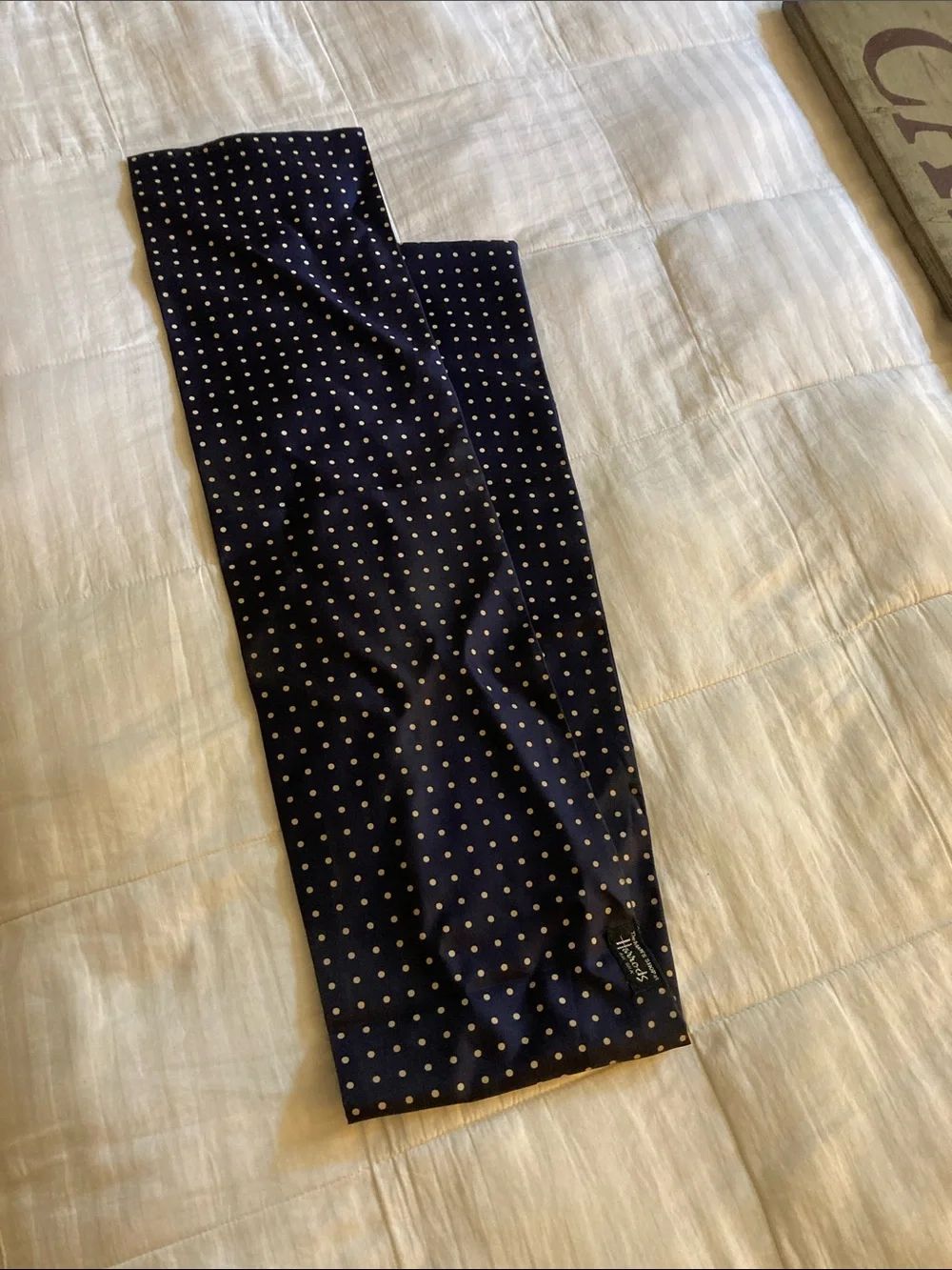 Harrods Navy and Cream Polka Dot Silk Scarf